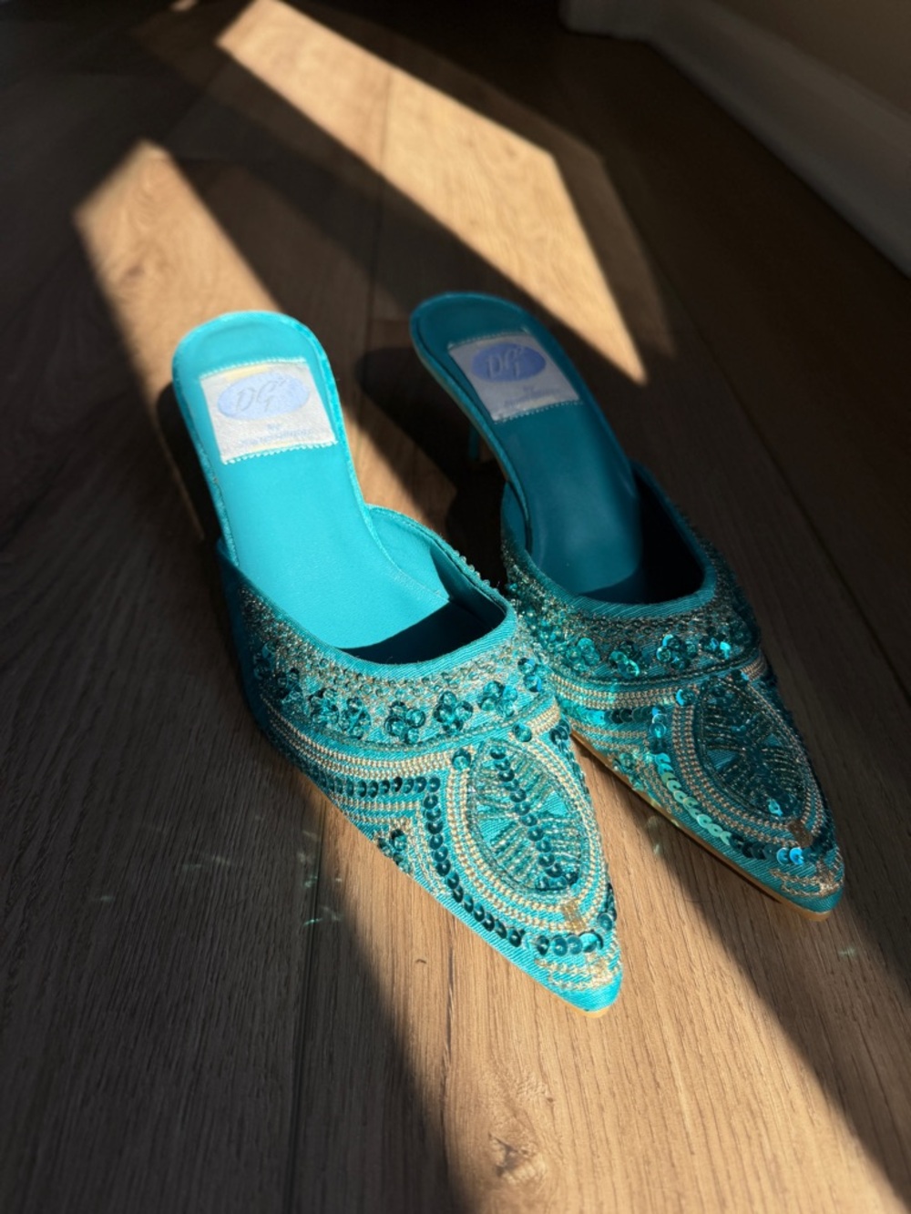 DG2 by Diane Gilman Teal Beaded Sequin Pointed-Toe Mules